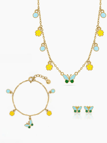 Furry Butterfly and Flower Floral Charms Kid's Jewelry Set Of 3 - Necklace, Charms Bracelet & Stud Earrings
