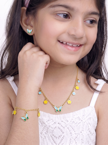 Furry Butterfly and Flower Floral Charms Kid's Jewelry Set Of 3 - Necklace, Charms Bracelet & Stud Earrings