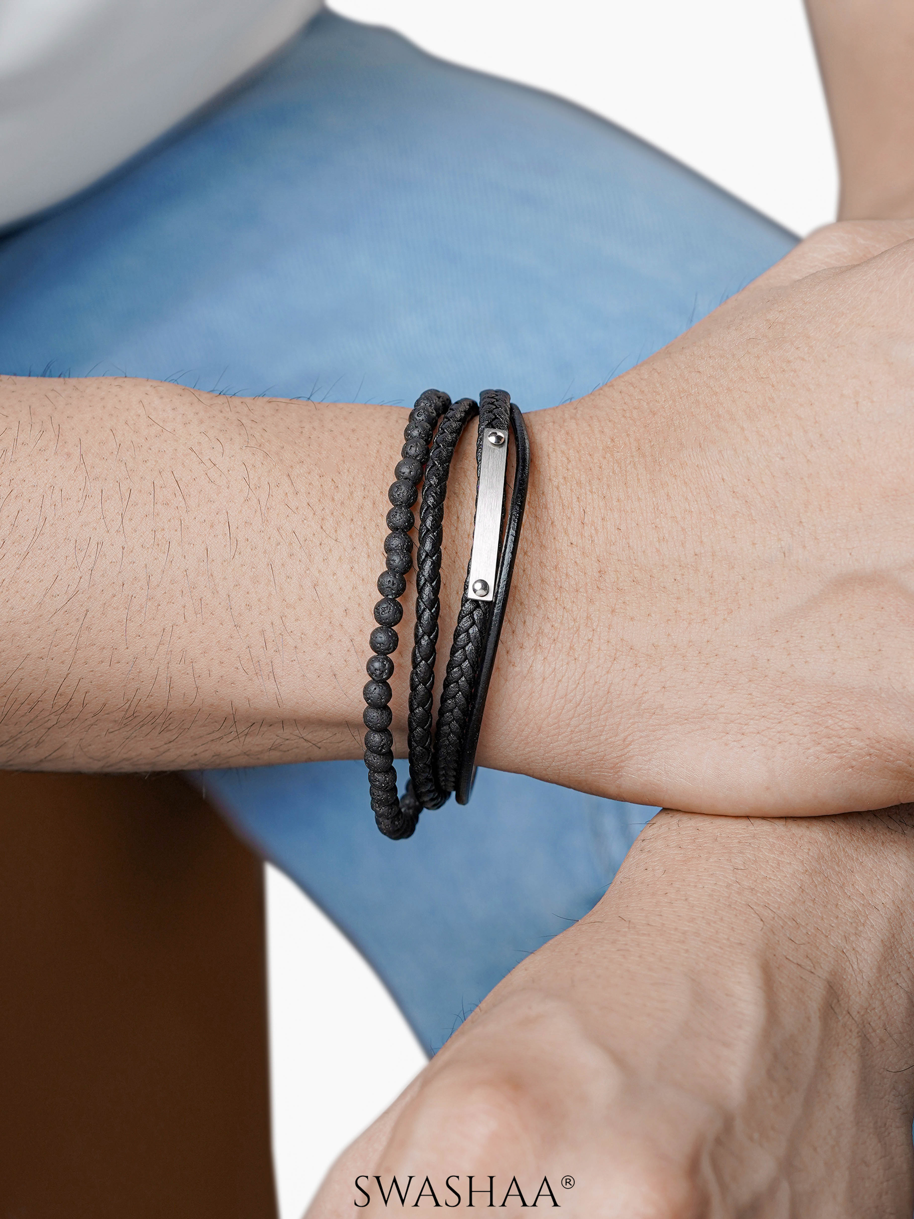 Fury Layered Black Beads Silver Metallic Rectangular Plate Men's Leather Bracelet