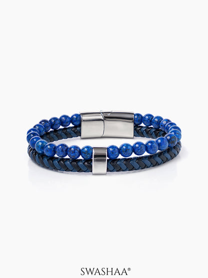 Galleo Double Strand Navy Blue-Black Stone Beads Men's Leather Bracelet