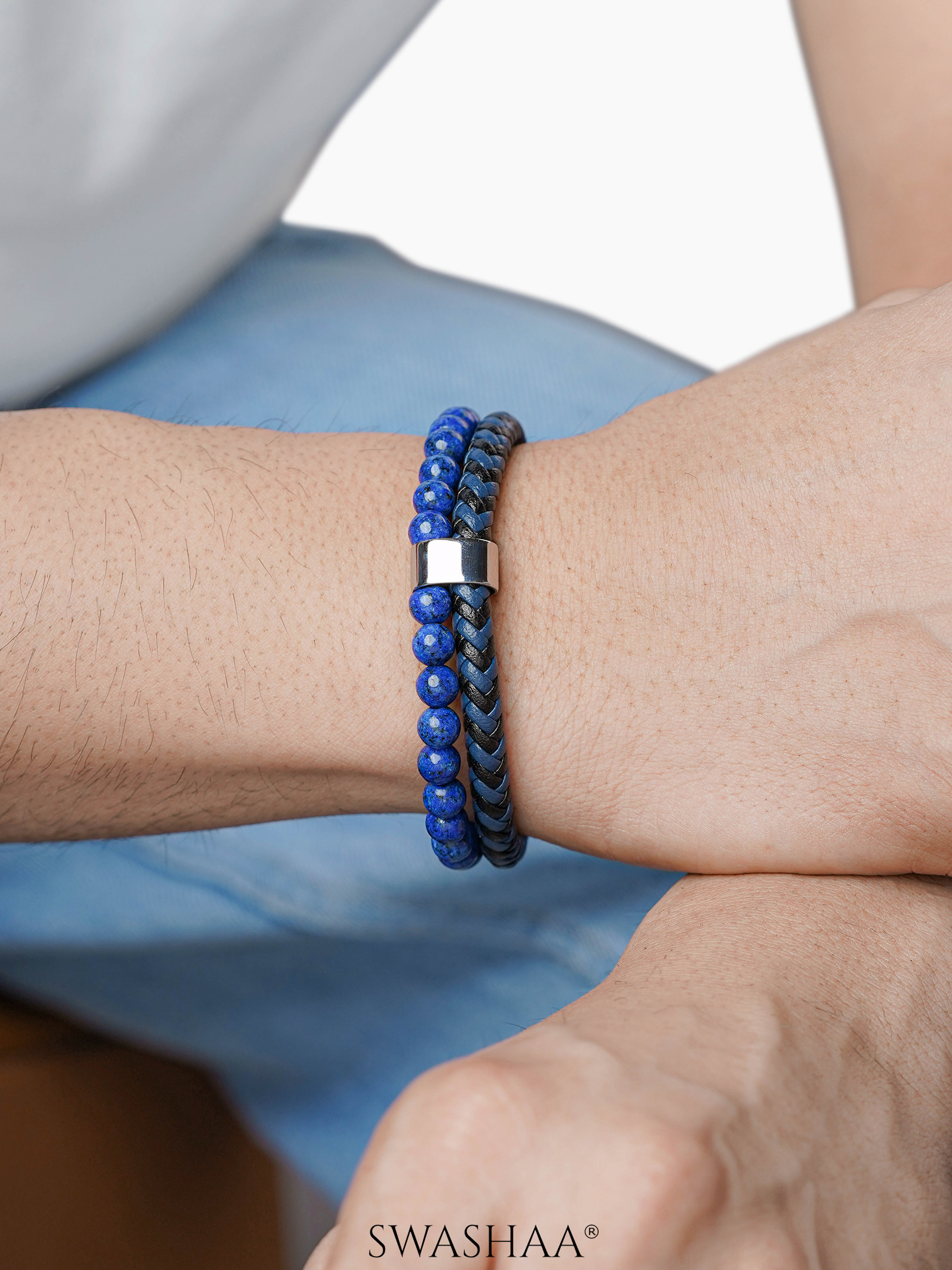 Galleo Double Strand Navy Blue-Black Stone Beads Men's Leather Bracelet