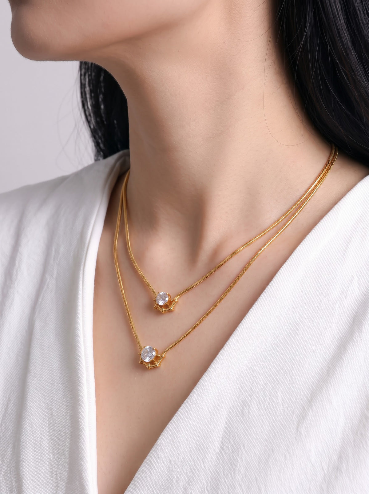 Gemelle Solitaire Diamond 18K Gold Plated Women's Layered Chain Pendant Necklace