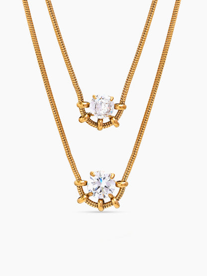 Gemelle Solitaire Diamond 18K Gold Plated Women's Layered Chain Pendant Necklace