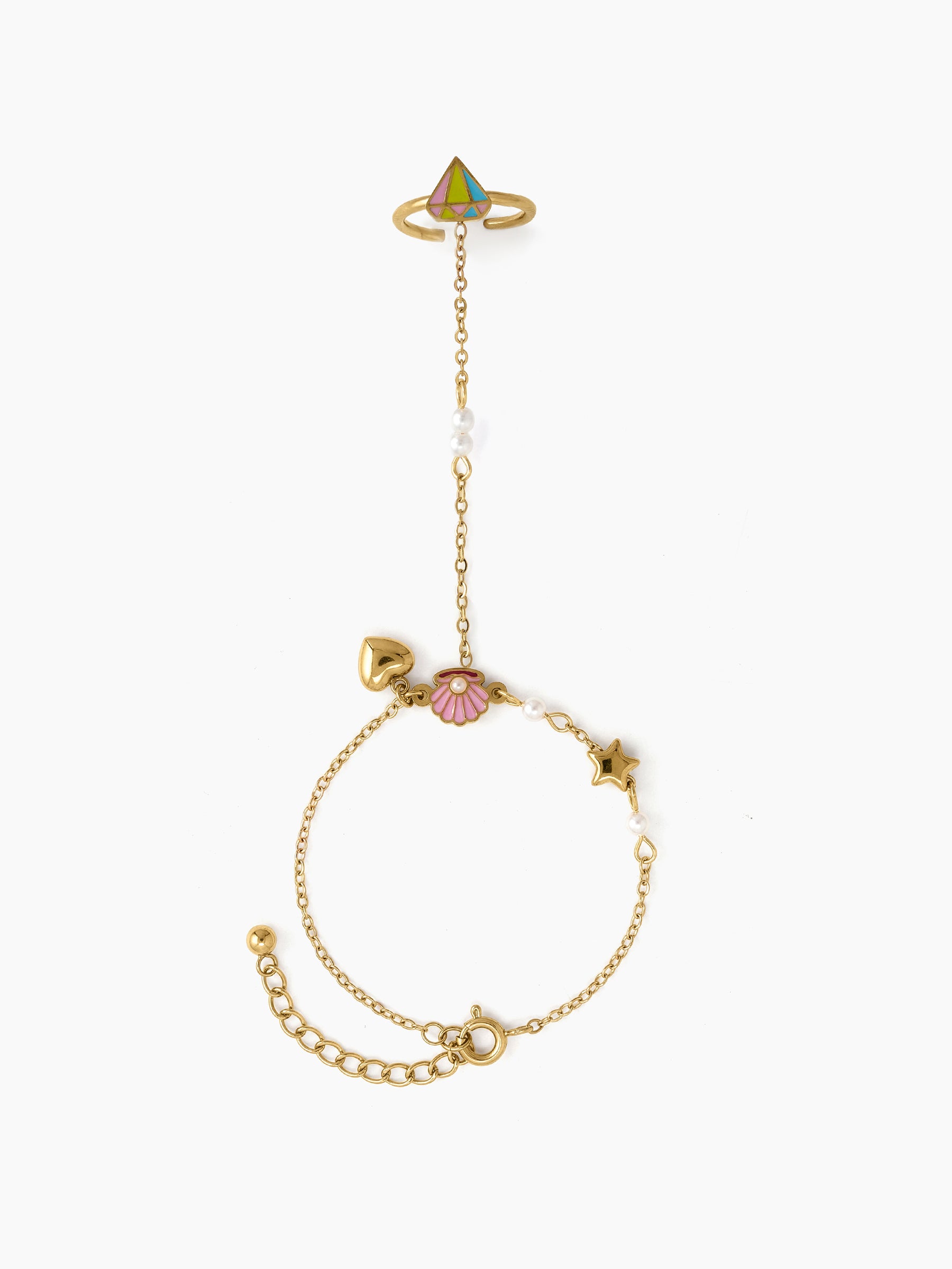 Gemmy Heart Shell Starfish Pearl Diamond Charms 18K Gold Plated Kid's Ring Bracelet