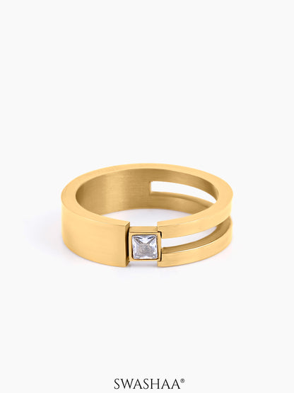 Geraad Square CZ Diamond Split 18K Gold Plated Band Men's Ring