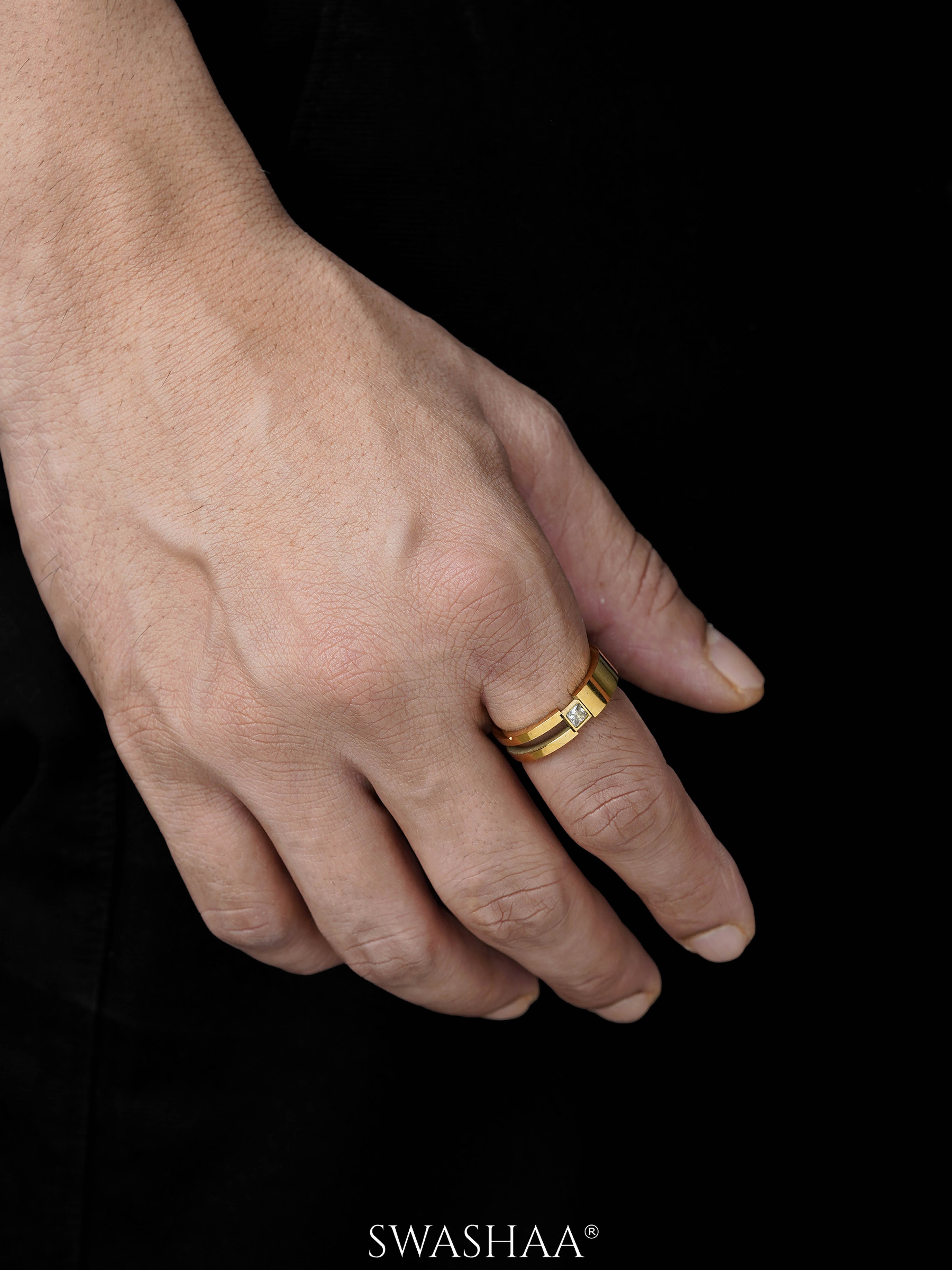 Geraad Square CZ Diamond Split 18K Gold Plated Band Men's Ring