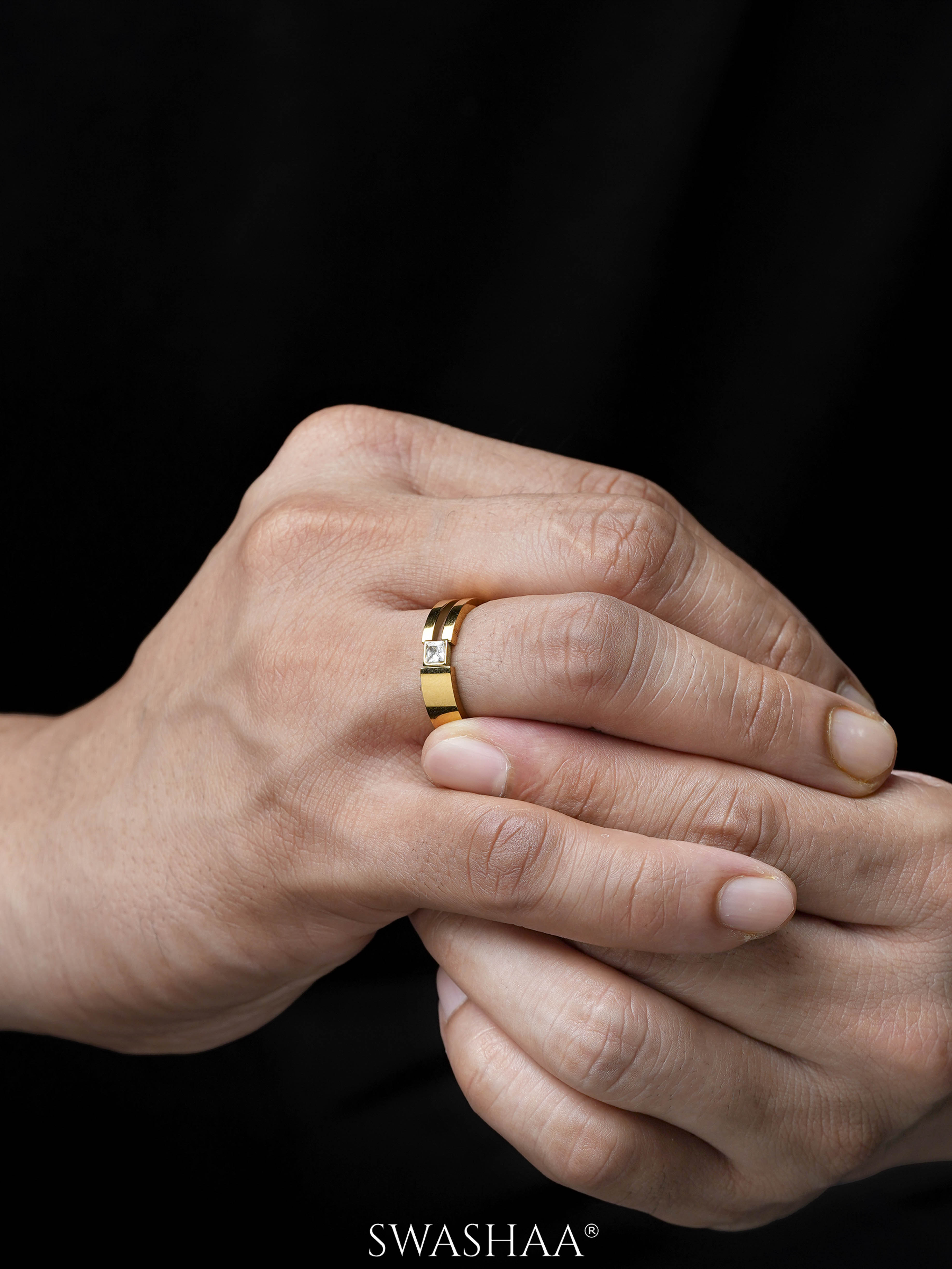 Geraad Square CZ Diamond Split 18K Gold Plated Band Men's Ring