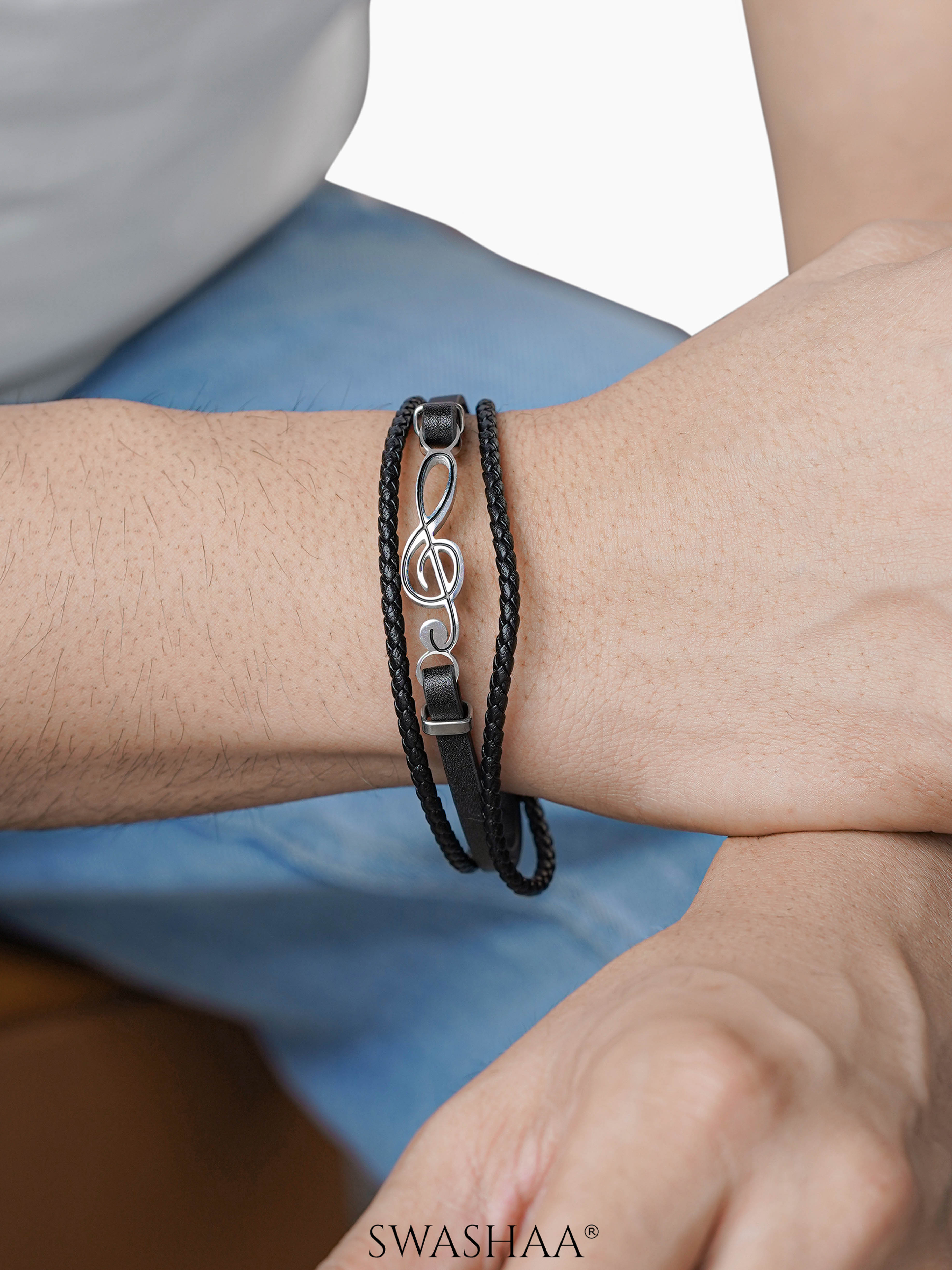 Gilbert Dual Layered Musical Infinity Charm Black Men's Leather Bracelet