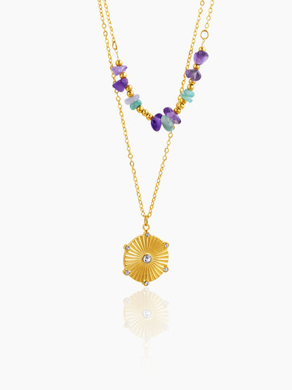 Serina Layered Blue Purple Gemstones 18K Gold Plated Chain Pendant Necklace