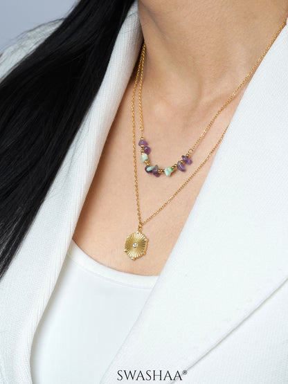 Serina Layered Blue Purple Gemstones 18K Gold Plated Chain Pendant Necklace