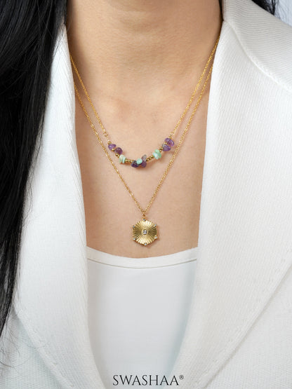Serina Layered Blue Purple Gemstones 18K Gold Plated Chain Pendant Necklace