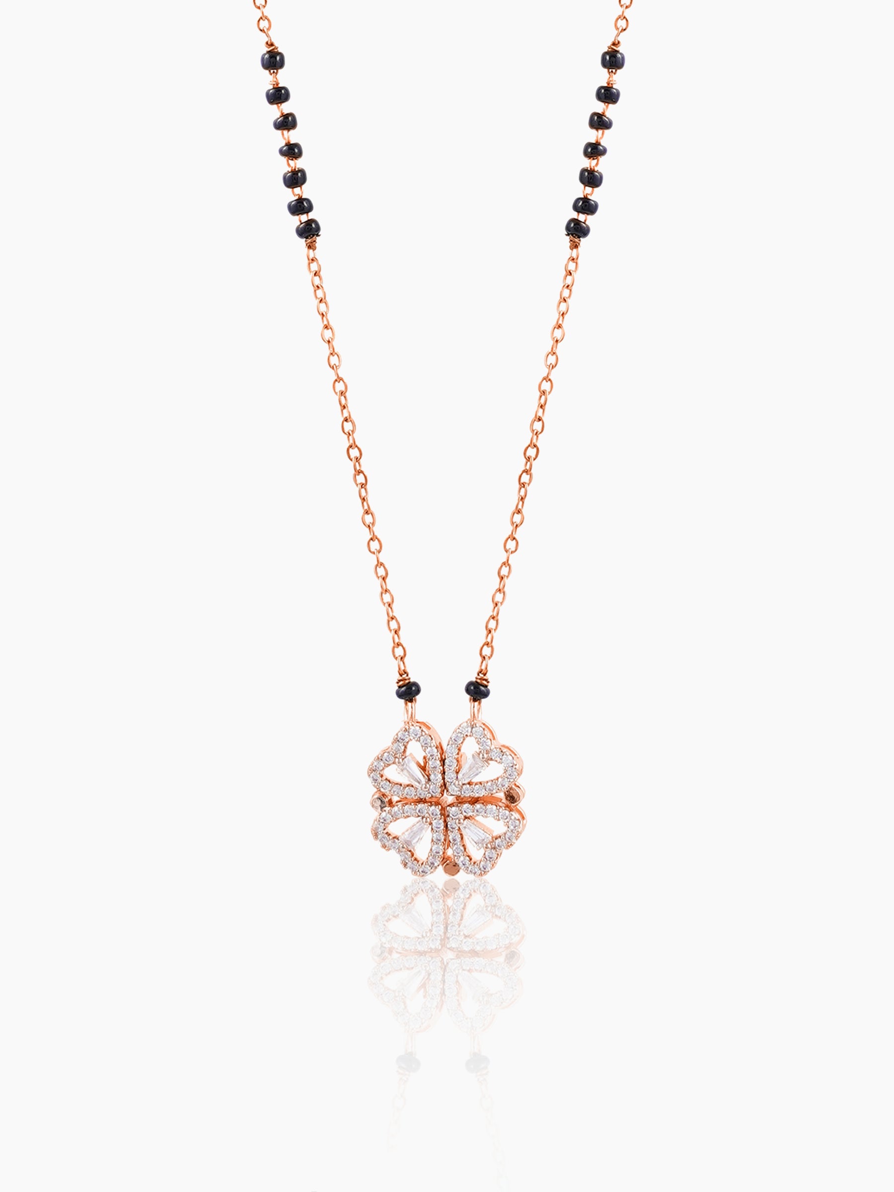Gleaming Clover Diamond Heart Rosegold Plated Pendant Mangalsutra
