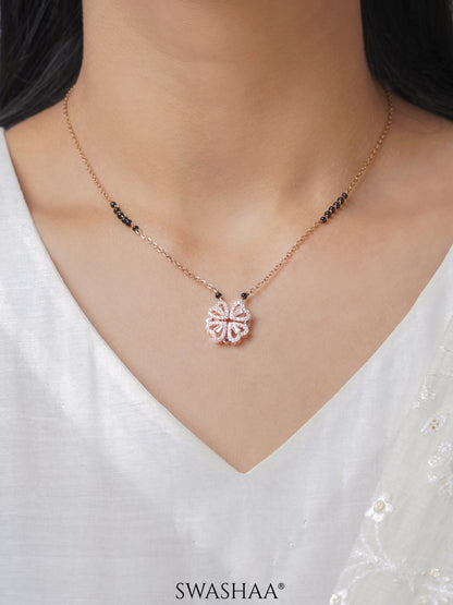 Gleaming Clover Diamond Heart Rosegold Plated Pendant Mangalsutra