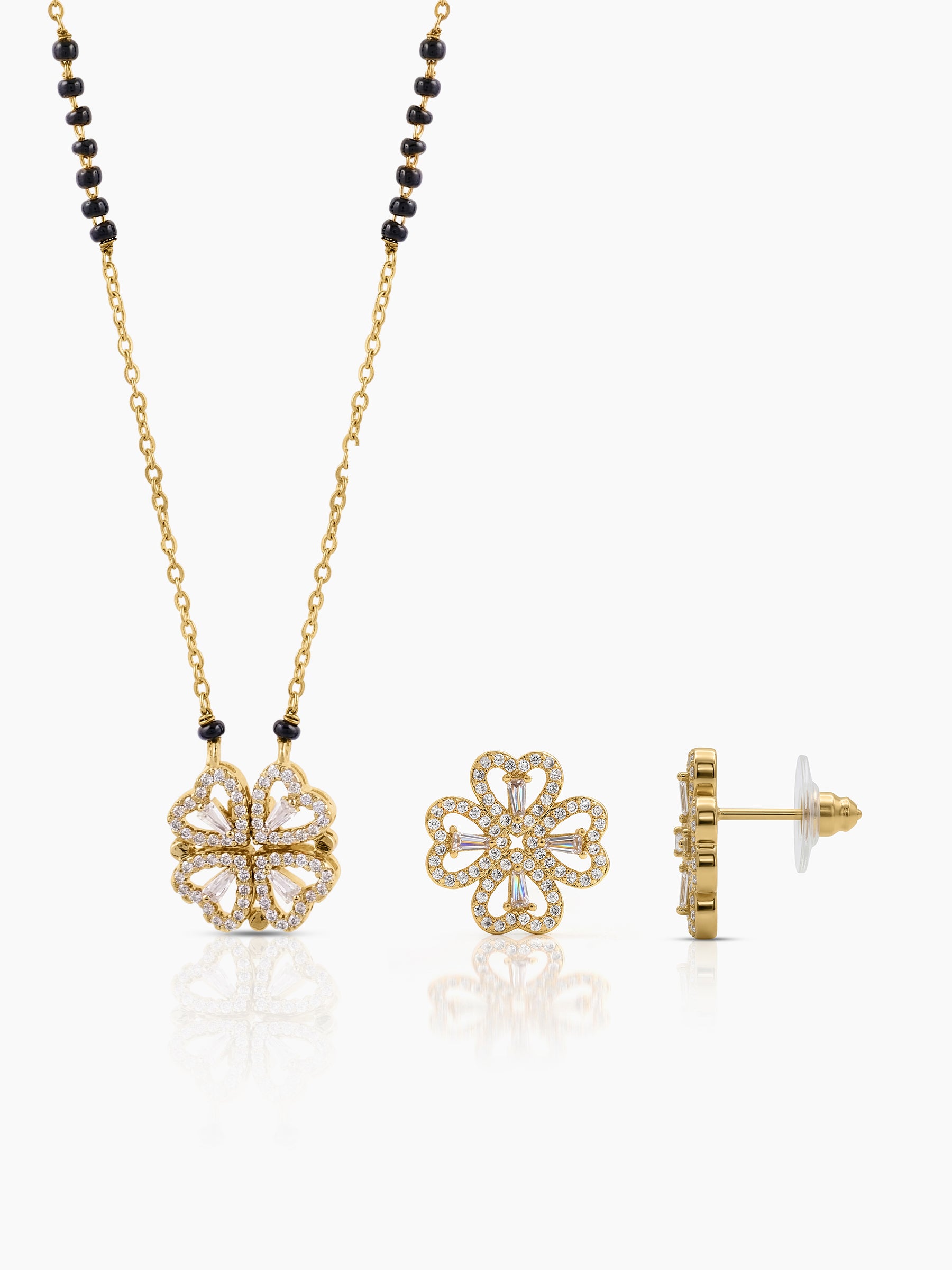 Gleaming Clover 18K Gold Plated Mangalsutra Jewelry Set Of 2 - Necklace & Earrings - Swashaa