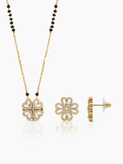 Gleaming Clover 18K Gold Plated Mangalsutra Jewelry Set Of 2 - Necklace & Earrings - Swashaa