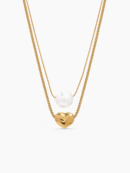 Goldie Heart Pearl 18K Gold Plated Women's Layered Chain Pendant Necklace