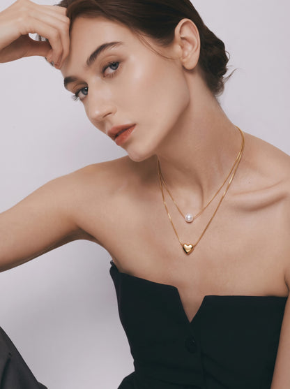 Goldie Heart Pearl 18K Gold Plated Women's Layered Chain Pendant Necklace