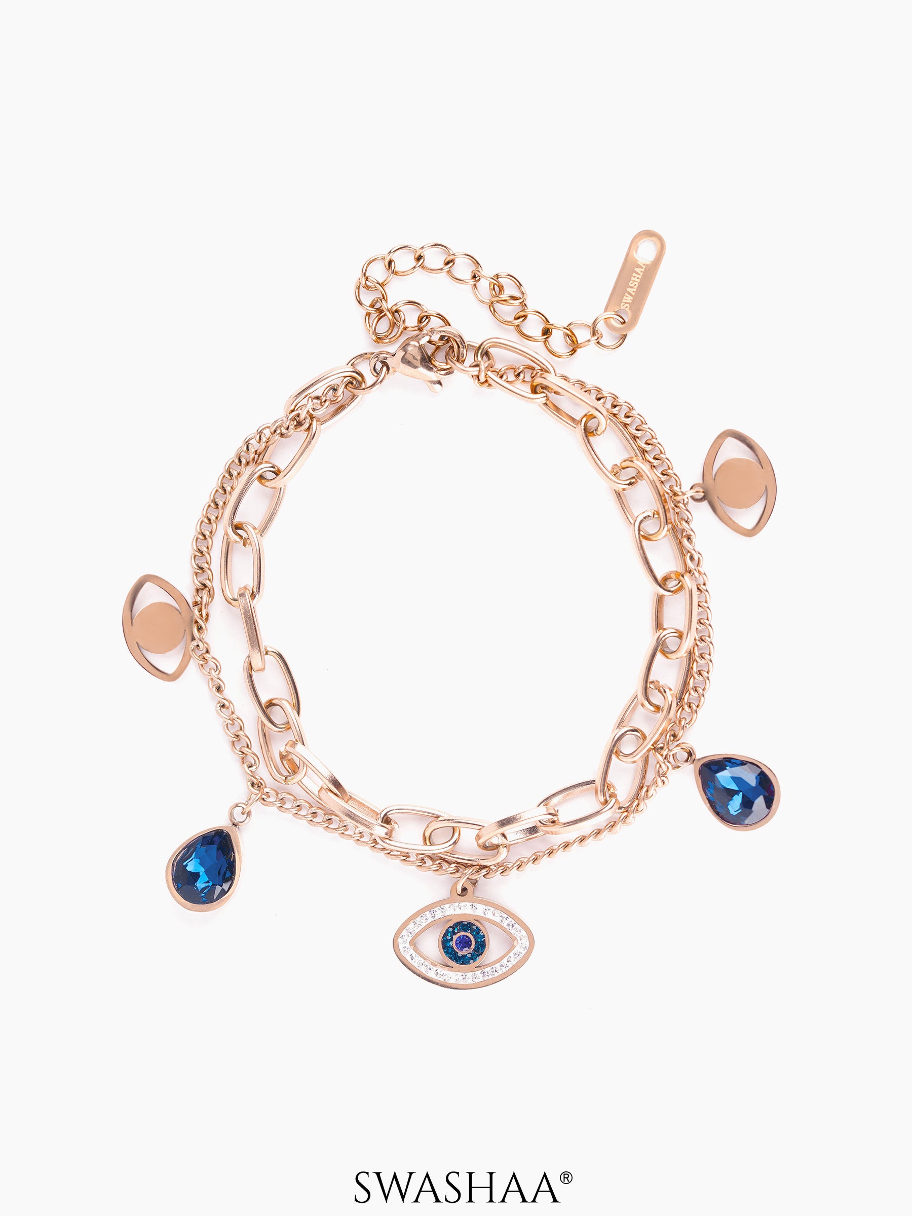 Gracie Blue Evil Eye Teardrop Diamond Charm Rosegold Plated Loose Chain Bracelet