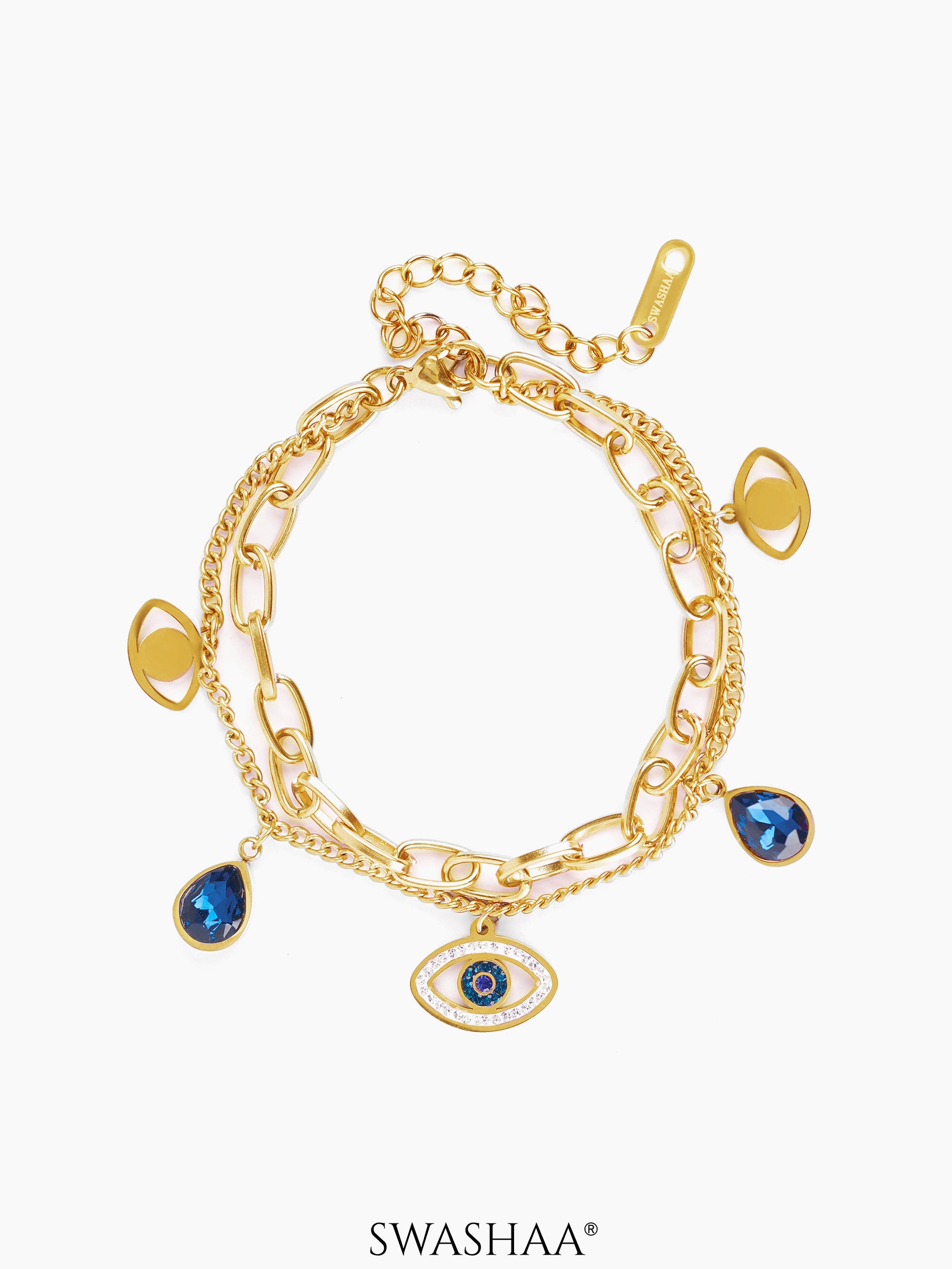 Gracie Blue Evil Eye Teardrop Diamond Charm 18K Gold Plated Loose Chain Bracelet
