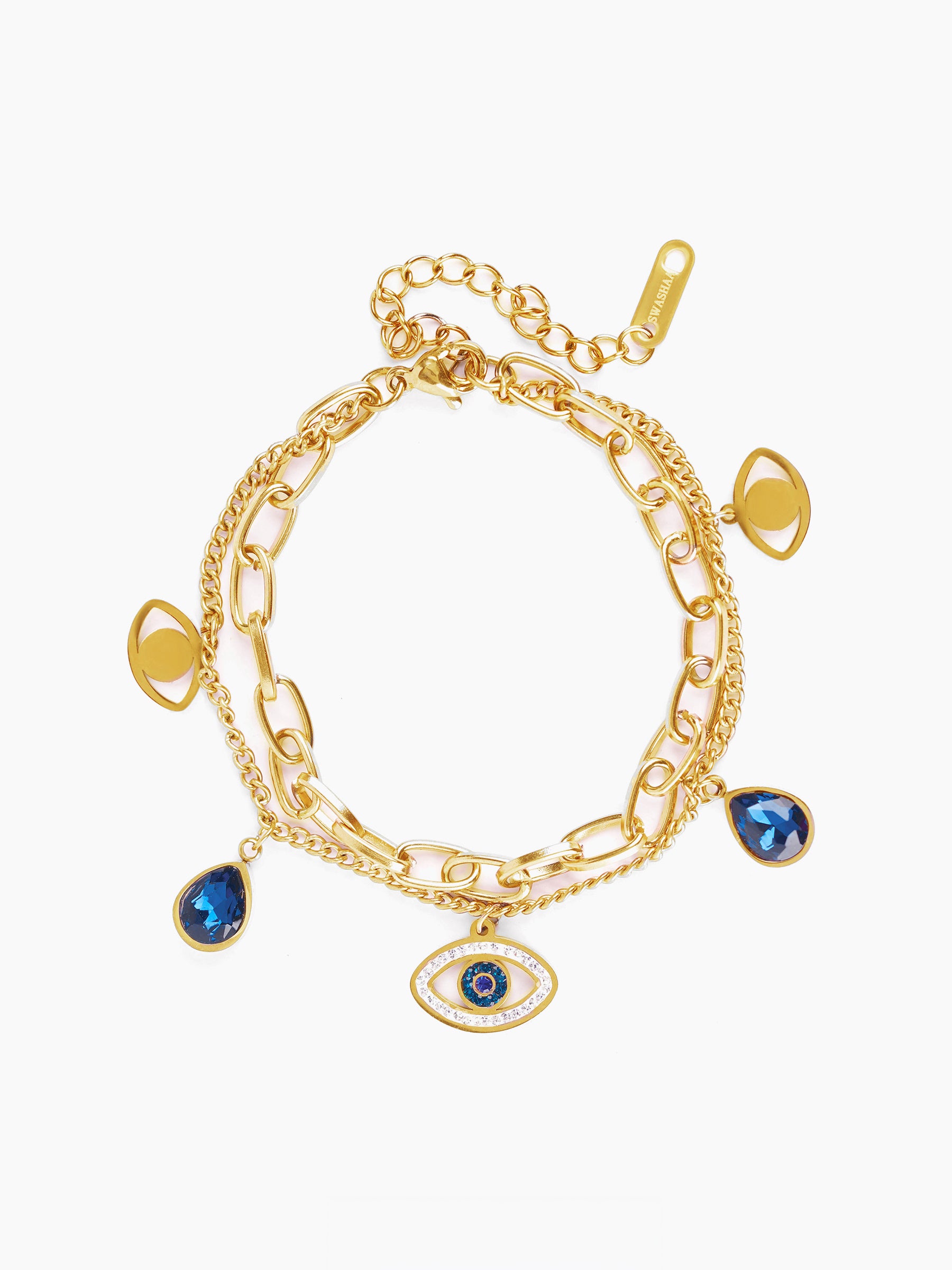 Gracie Blue Evil Eye Teardrop Diamond Charm 18K Gold Plated Loose Chain Bracelet