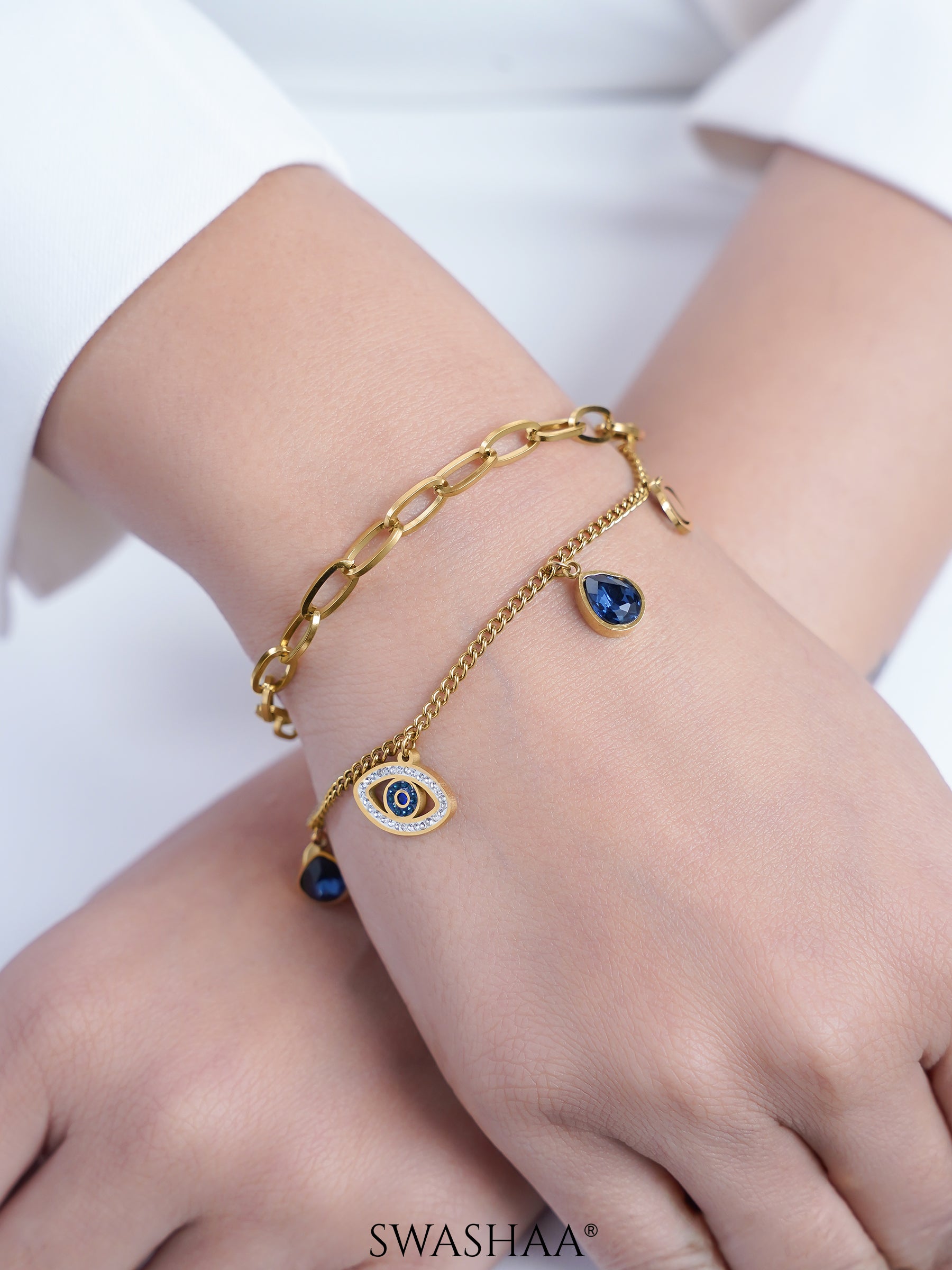 Gracie Blue Evil Eye Teardrop Diamond Charm 18K Gold Plated Loose Chain Bracelet