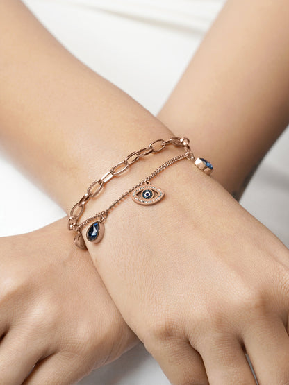 Gracie Blue Evil Eye Teardrop Diamond Charm Rosegold Plated Loose Chain Bracelet