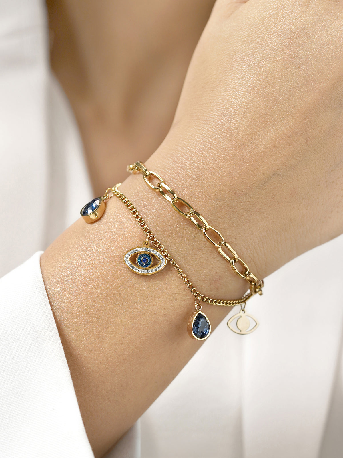 Gracie Blue Evil Eye Teardrop Diamond Charm 18K Gold Plated Loose Chain Bracelet