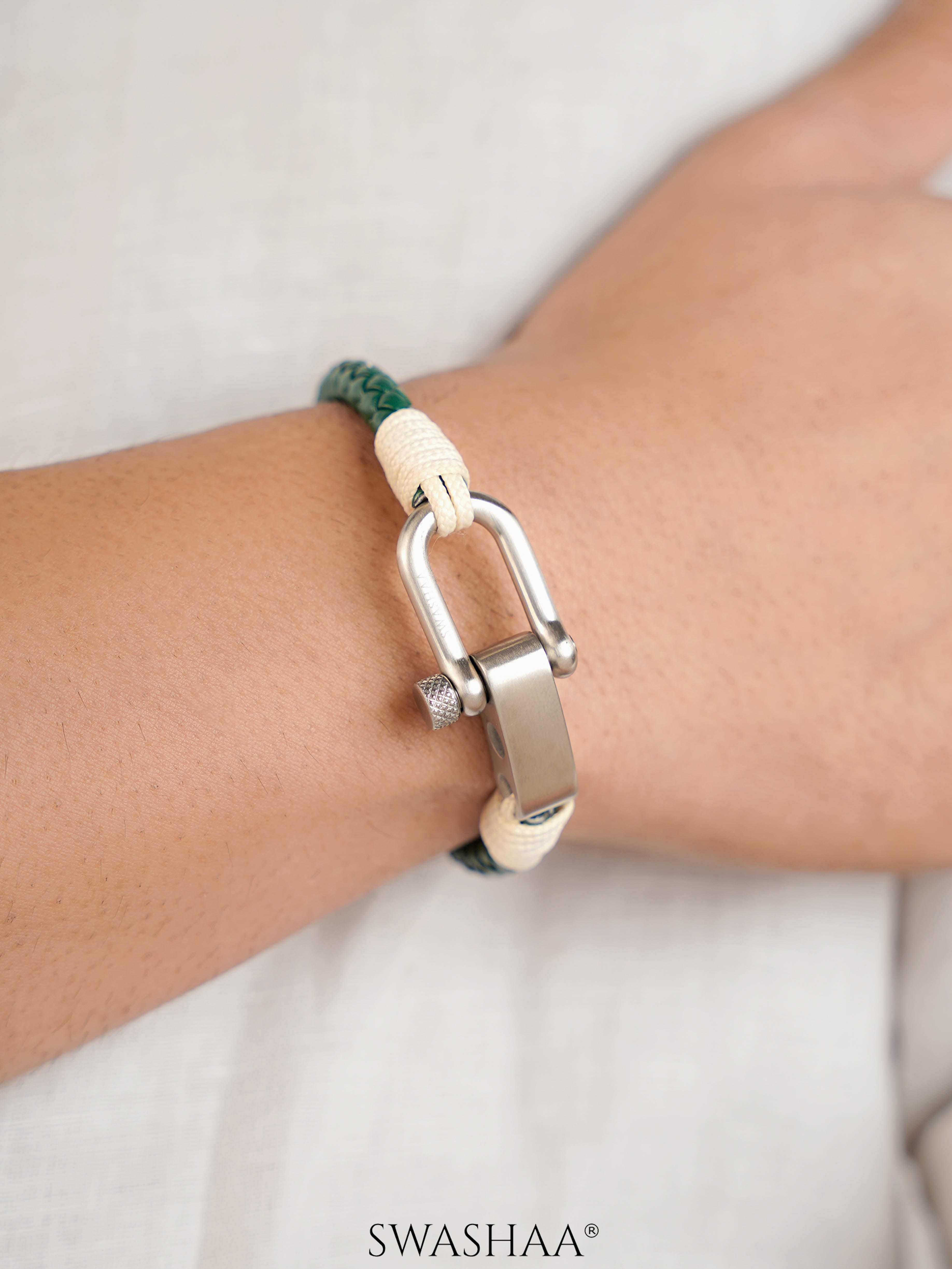 Green Braided Cream Thread Trail Men's Leather Bracelet