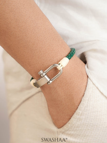 Green Braided Cream Thread Trail Men's Leather Bracelet