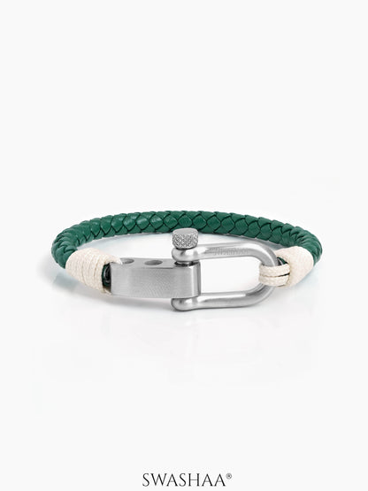Green Braided Cream Thread Trail Men's Leather Bracelet