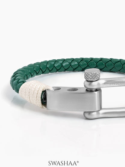 Green Braided Cream Thread Trail Men's Leather Bracelet