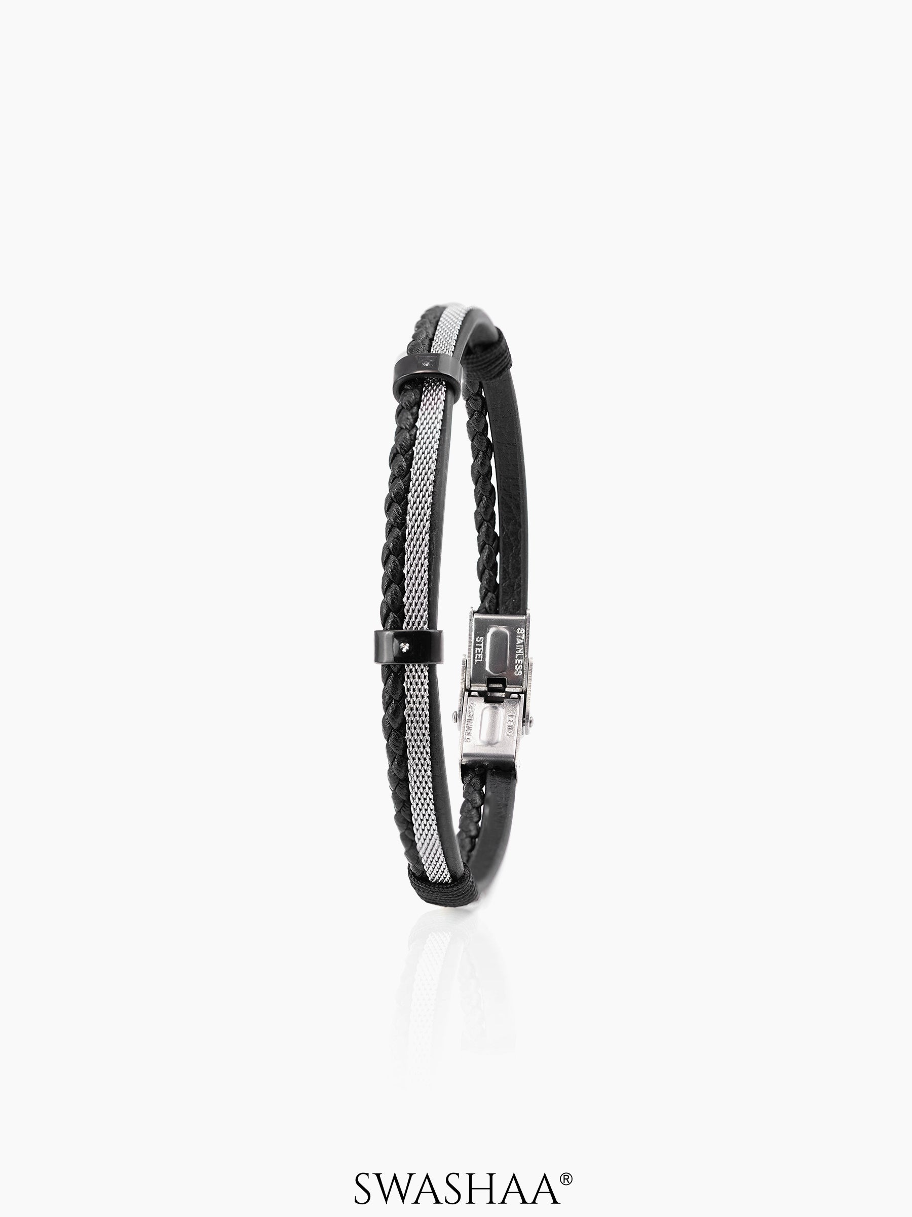 Griffin Dual Strand Black Grey Band Men's Leather Bracelet