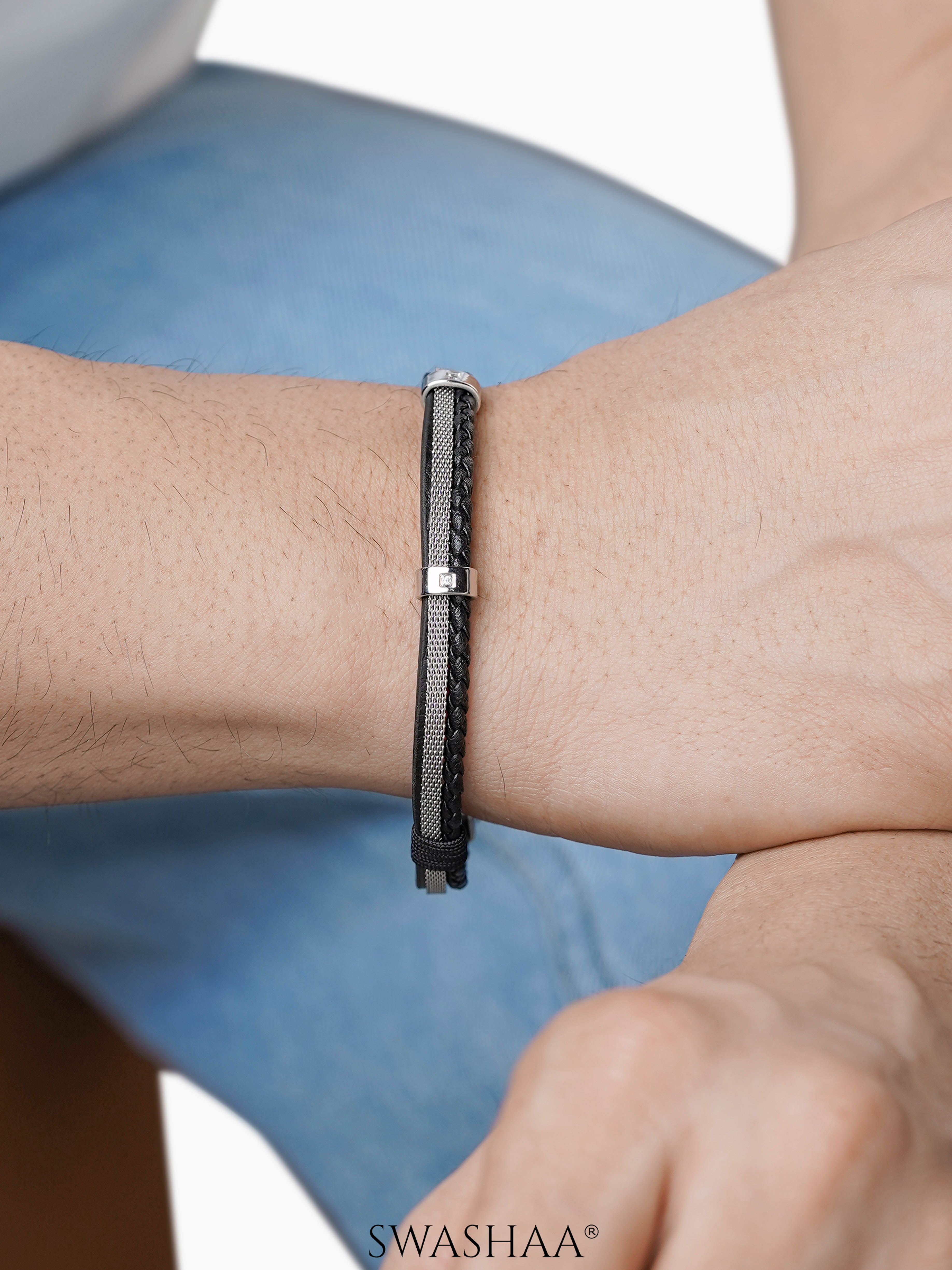 Griffin Dual Strand Black Grey Band Men's Leather Bracelet