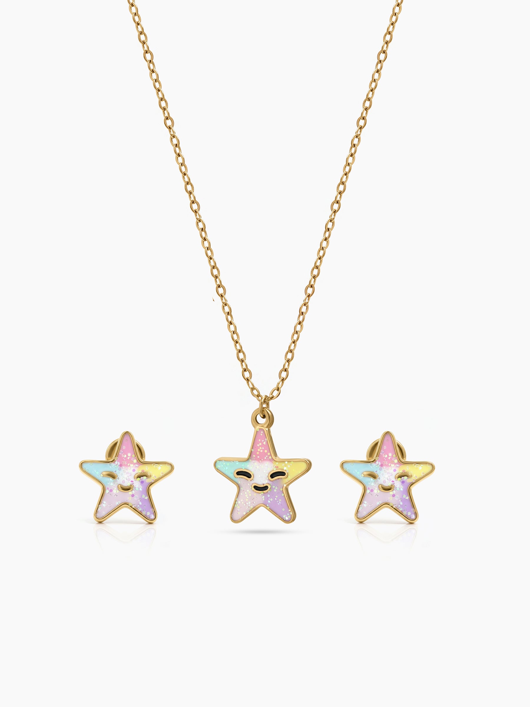 Happy Smiley Star Charm 18K Gold Plated Kid's Jewelry Set Of 2 - Necklace & Earrings