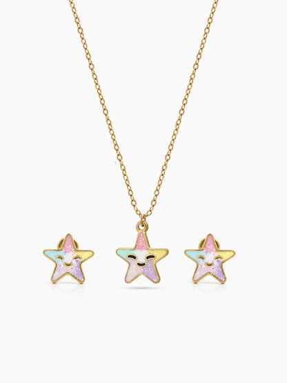 Happy Smiley Star Charm 18K Gold Plated Kid's Jewelry Set Of 2 - Necklace & Earrings