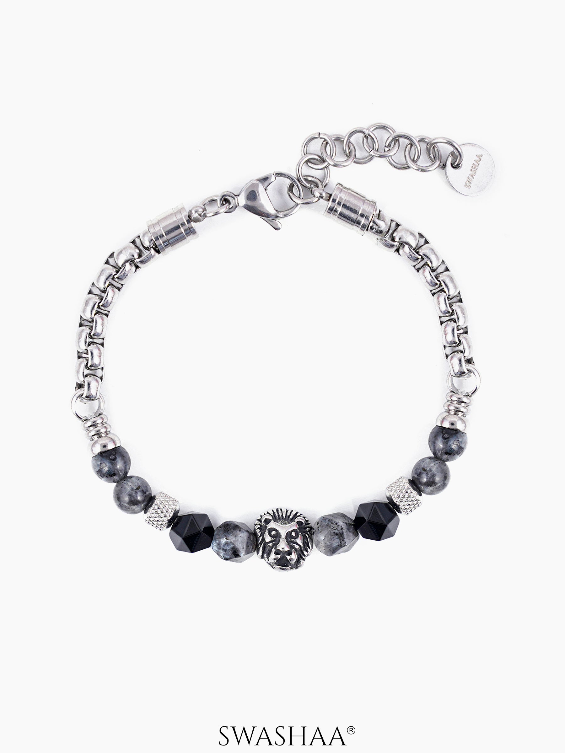 Harrisson Black Grey Beads Lion Head Silver Men's Chain Loose Bracelet