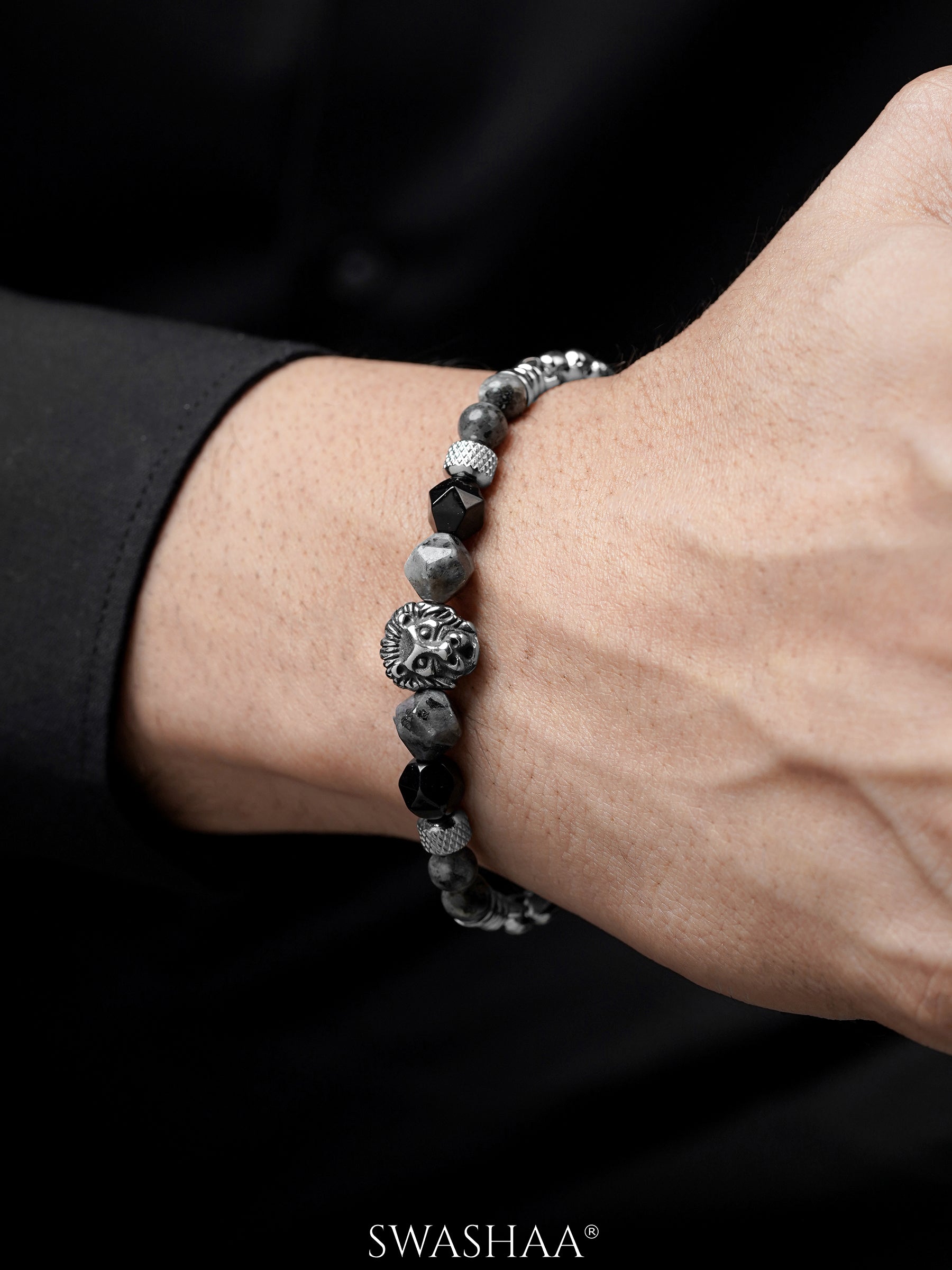 Harrisson Black Grey Beads Lion Head Silver Men's Chain Loose Bracelet