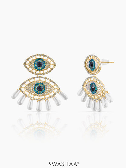 Havana Doubled Layered Evil Eye With Blue White 18K Gold Plated Dangling Earrings