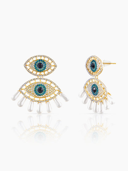 Havana Doubled Layered Evil Eye With Blue White 18K Gold Plated Dangling Earrings