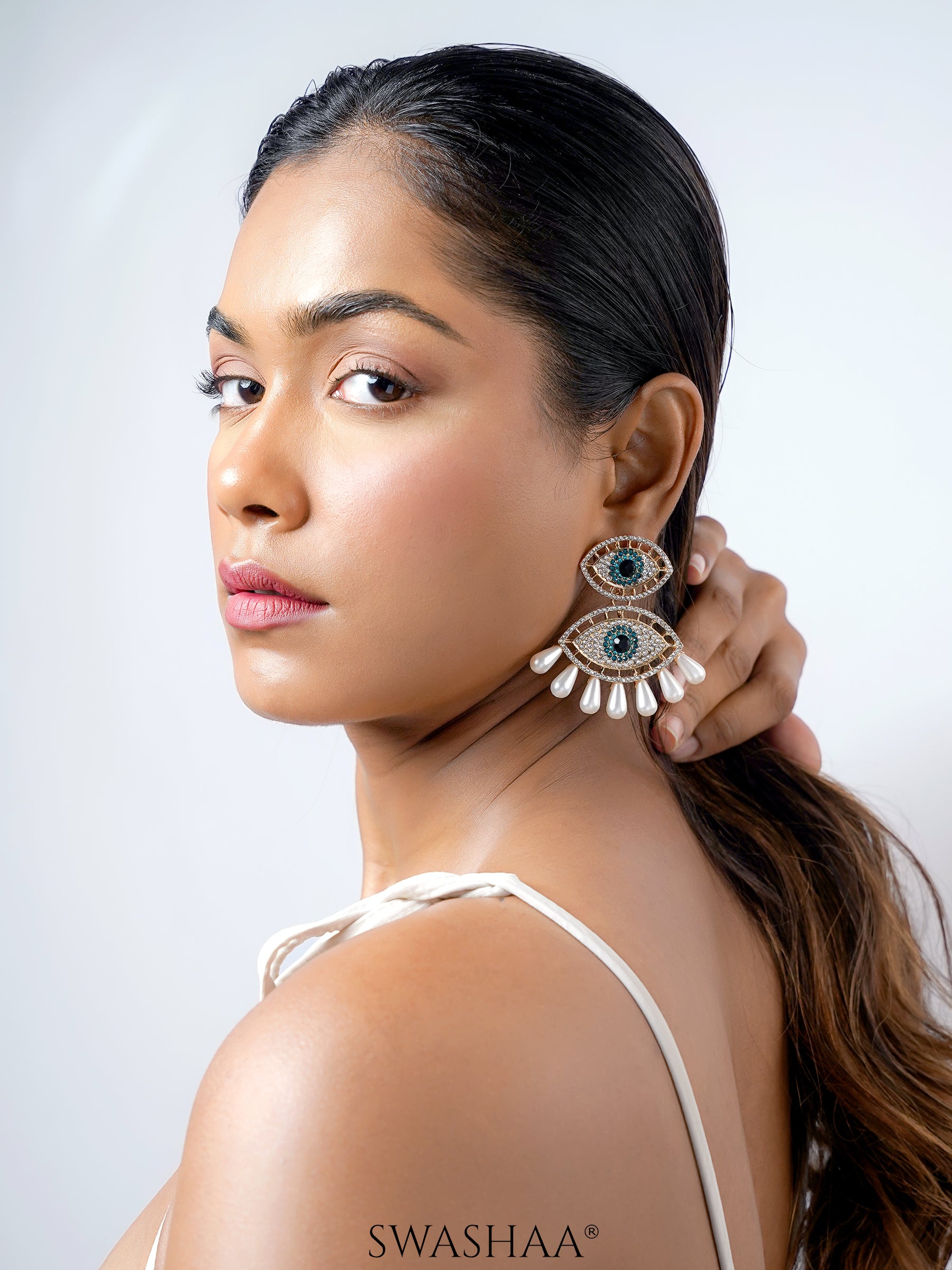 Havana Doubled Layered Evil Eye With Blue White 18K Gold Plated Dangling Earrings