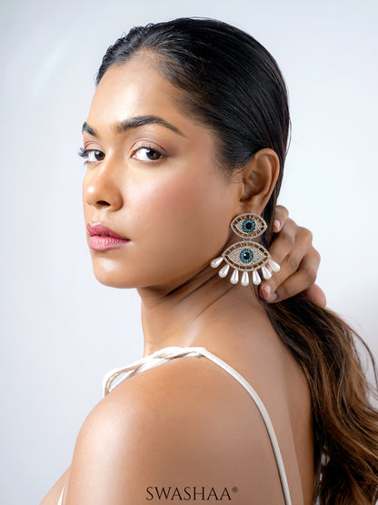 Havana Doubled Layered Evil Eye With Blue White 18K Gold Plated Dangling Earrings