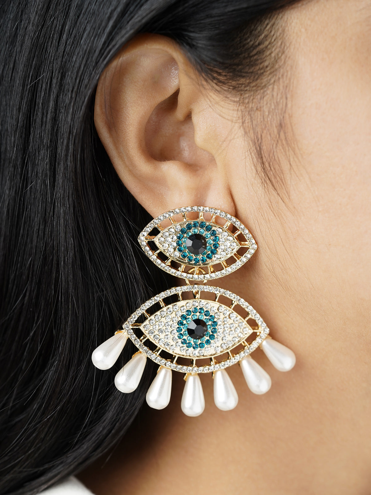 Havana Doubled Layered Evil Eye With Blue White 18K Gold Plated Dangling Earrings