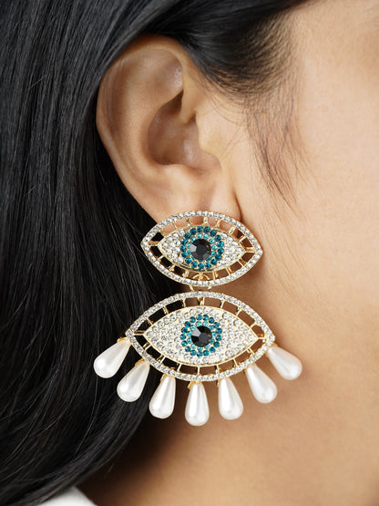 Havana Doubled Layered Evil Eye With Blue White 18K Gold Plated Dangling Earrings