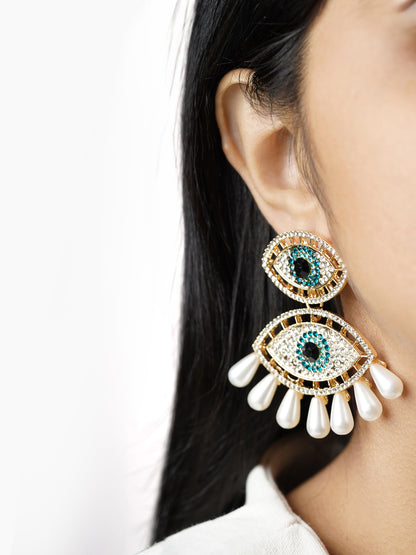 Havana Doubled Layered Evil Eye With Blue White 18K Gold Plated Dangling Earrings