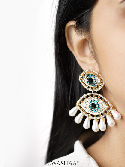 Havana Doubled Layered Evil Eye With Blue White 18K Gold Plated Dangling Earrings