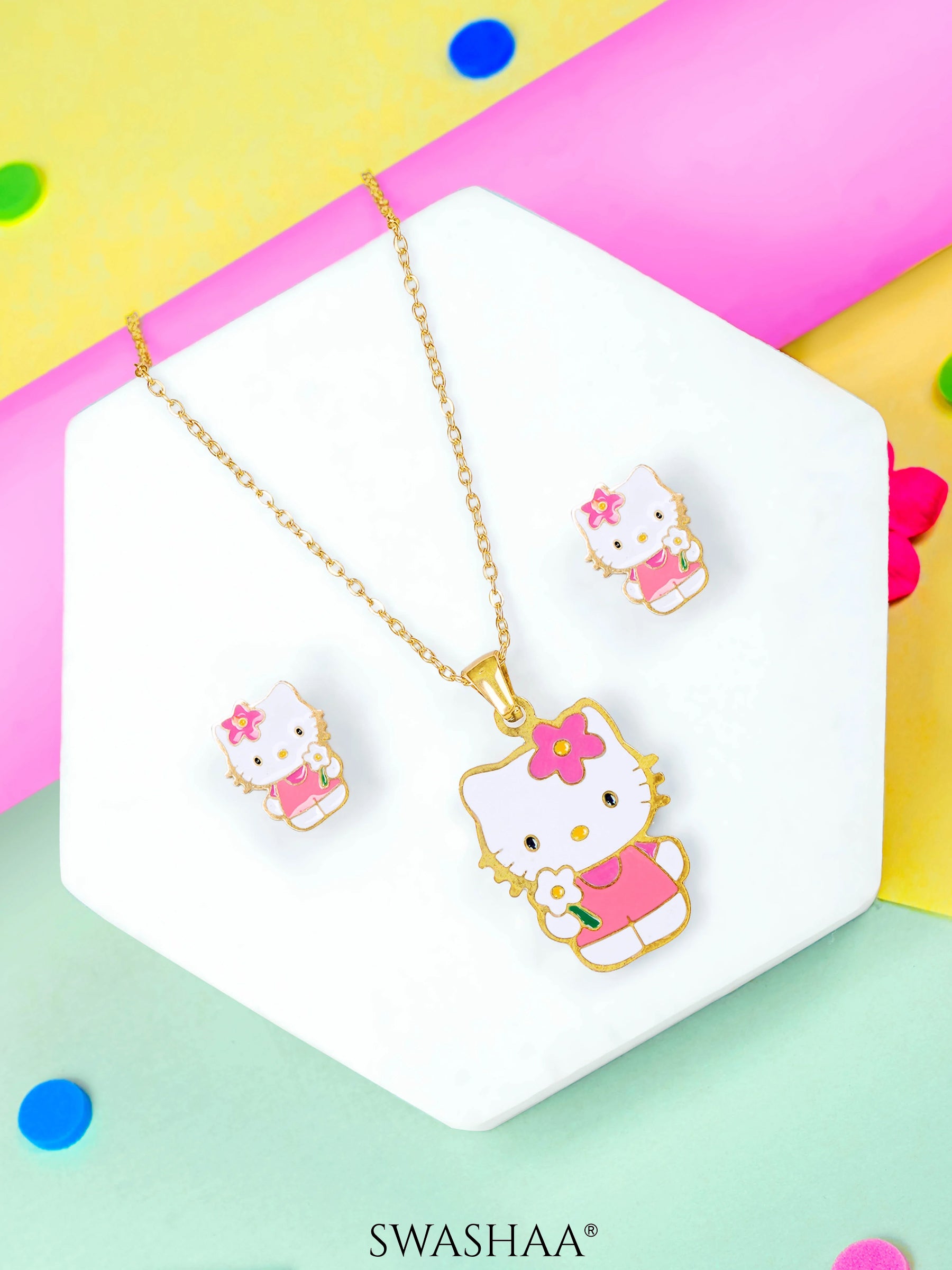 Hawa Cutie Kitty Charm 18K Gold Plated Kid's Pendant Necklace Set