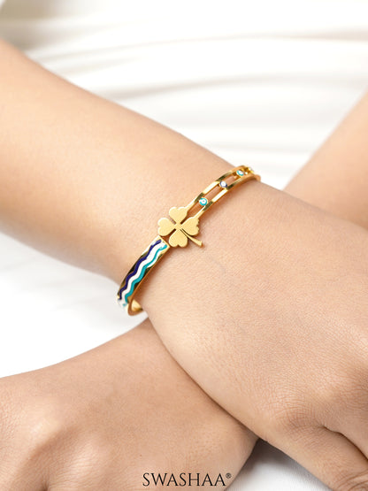 Helel Four Leaf Clover Charm Evil Eye 18K Gold Plated Cuff Bracelet
