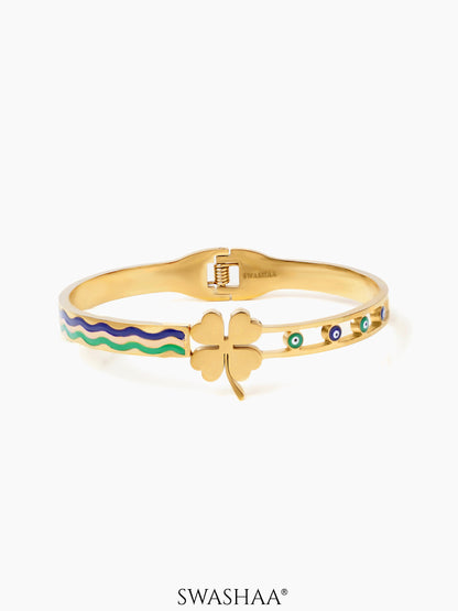 Helel Four Leaf Clover Charm Evil Eye 18K Gold Plated Cuff Bracelet