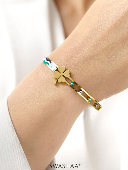 Helel Four Leaf Clover Charm Evil Eye 18K Gold Plated Cuff Bracelet
