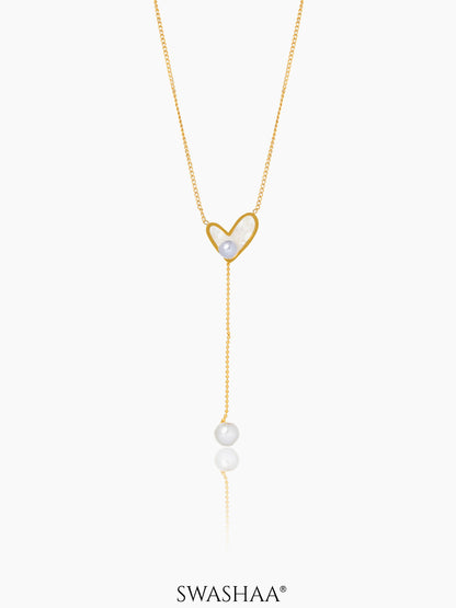 Hestia Heart Pearl Charm Y-Shaped 18K Gold Plated Chain Pendant Necklace